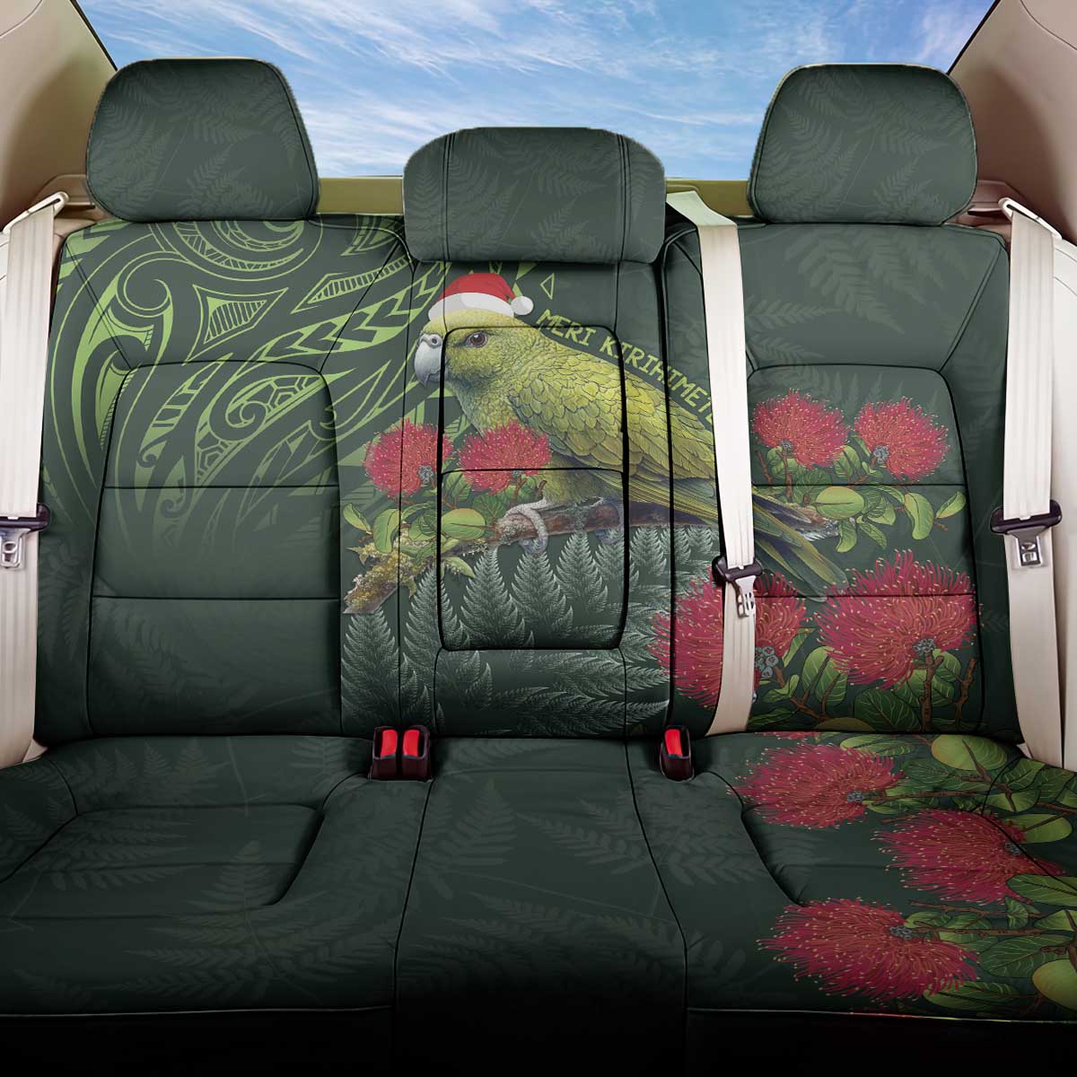 Meri Kirihimete Kakapo Back Car Seat Cover Green Silver Fern Christmas Vibe