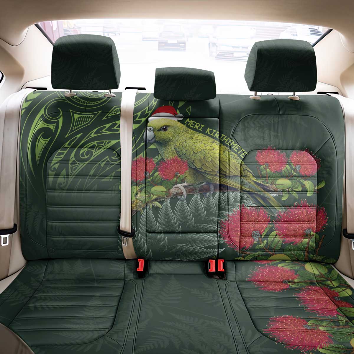 Meri Kirihimete Kakapo Back Car Seat Cover Green Silver Fern Christmas Vibe