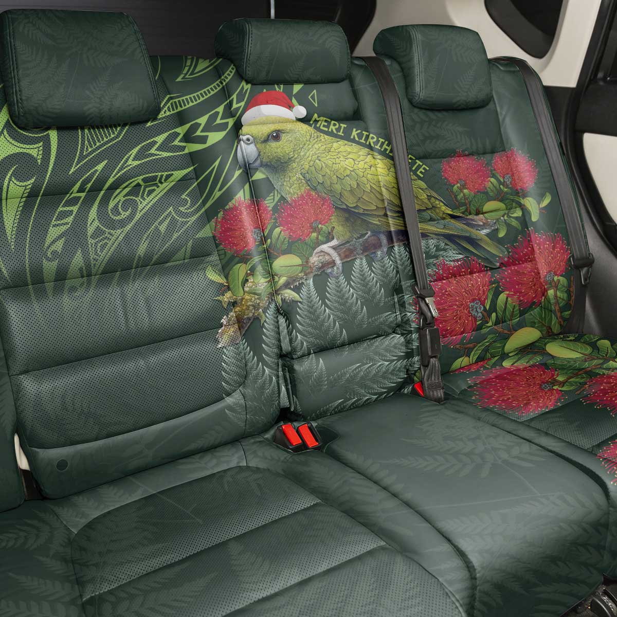 Meri Kirihimete Kakapo Back Car Seat Cover Green Silver Fern Christmas Vibe