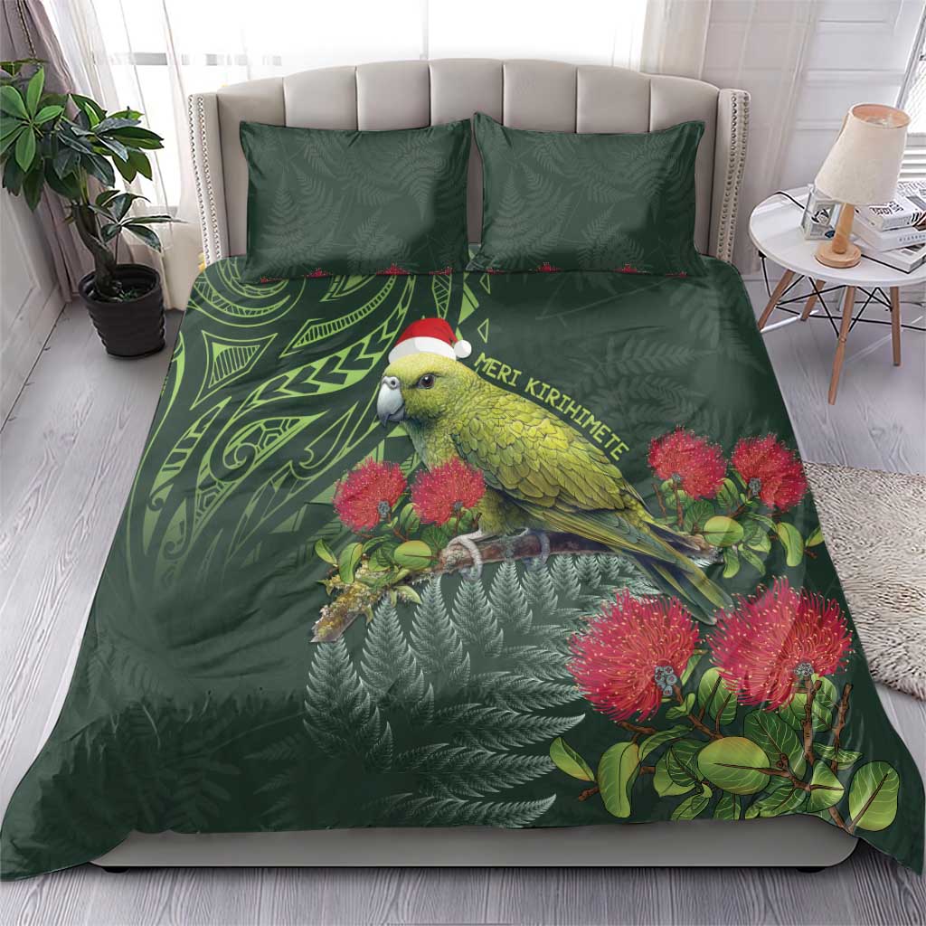 Meri Kirihimete Kakapo Bedding Set Green Silver Fern Christmas Vibe - Vibe Hoodie Shop