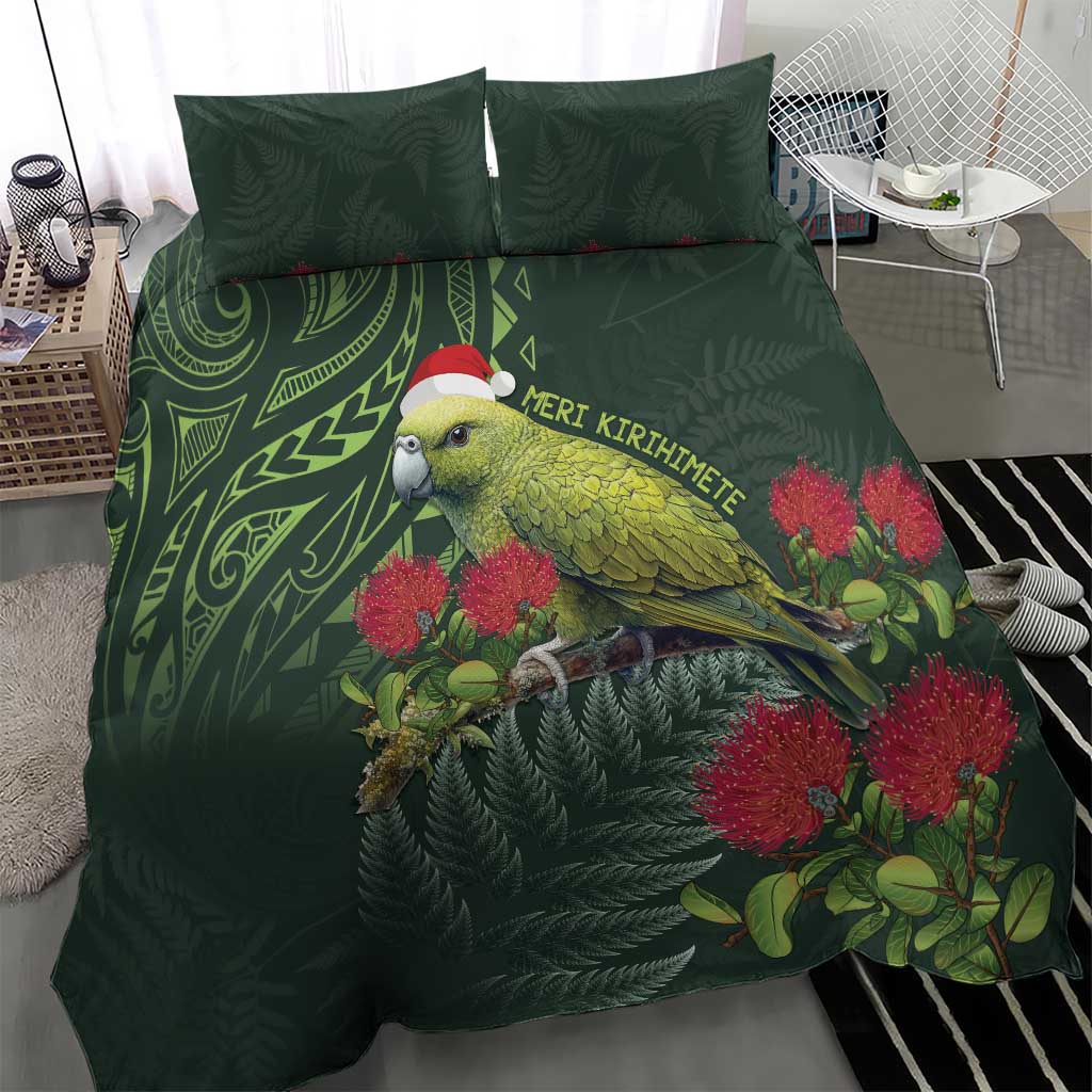 Meri Kirihimete Kakapo Bedding Set Green Silver Fern Christmas Vibe - Vibe Hoodie Shop