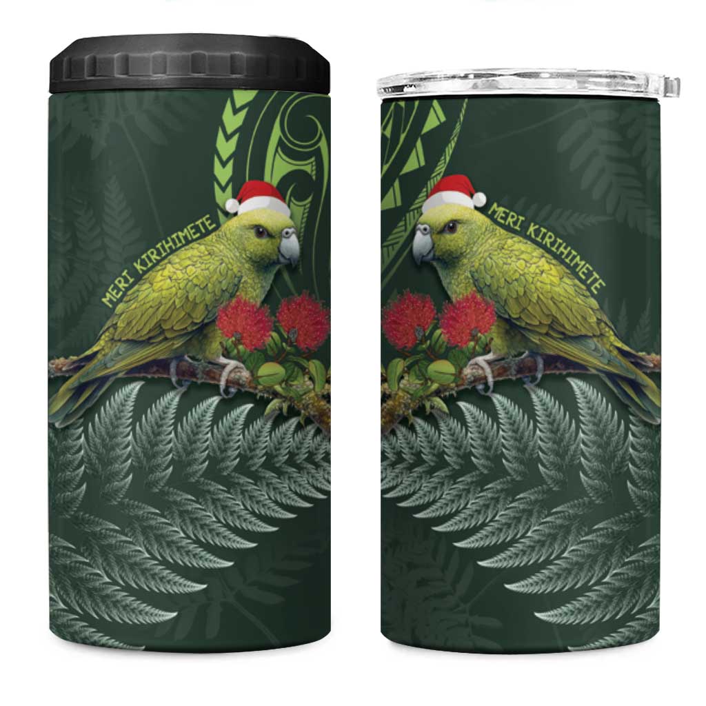 Meri Kirihimete Kakapo 4 in 1 Can Cooler Tumbler Green Silver Fern Christmas Vibe