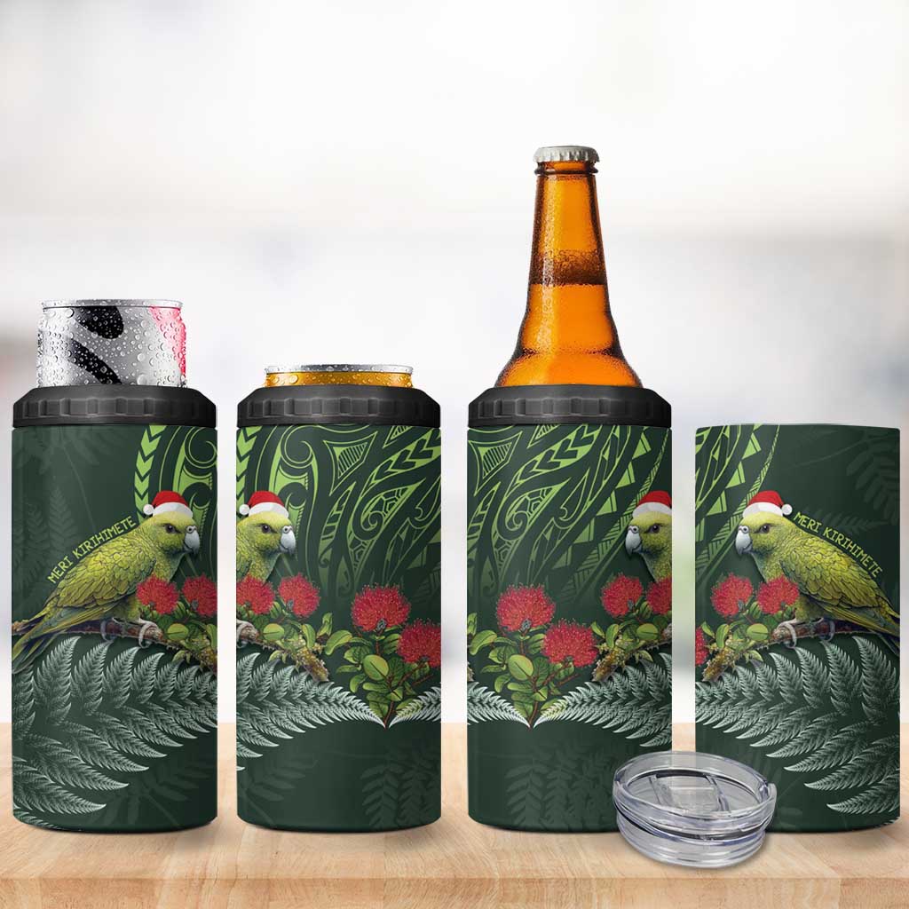 Meri Kirihimete Kakapo 4 in 1 Can Cooler Tumbler Green Silver Fern Christmas Vibe