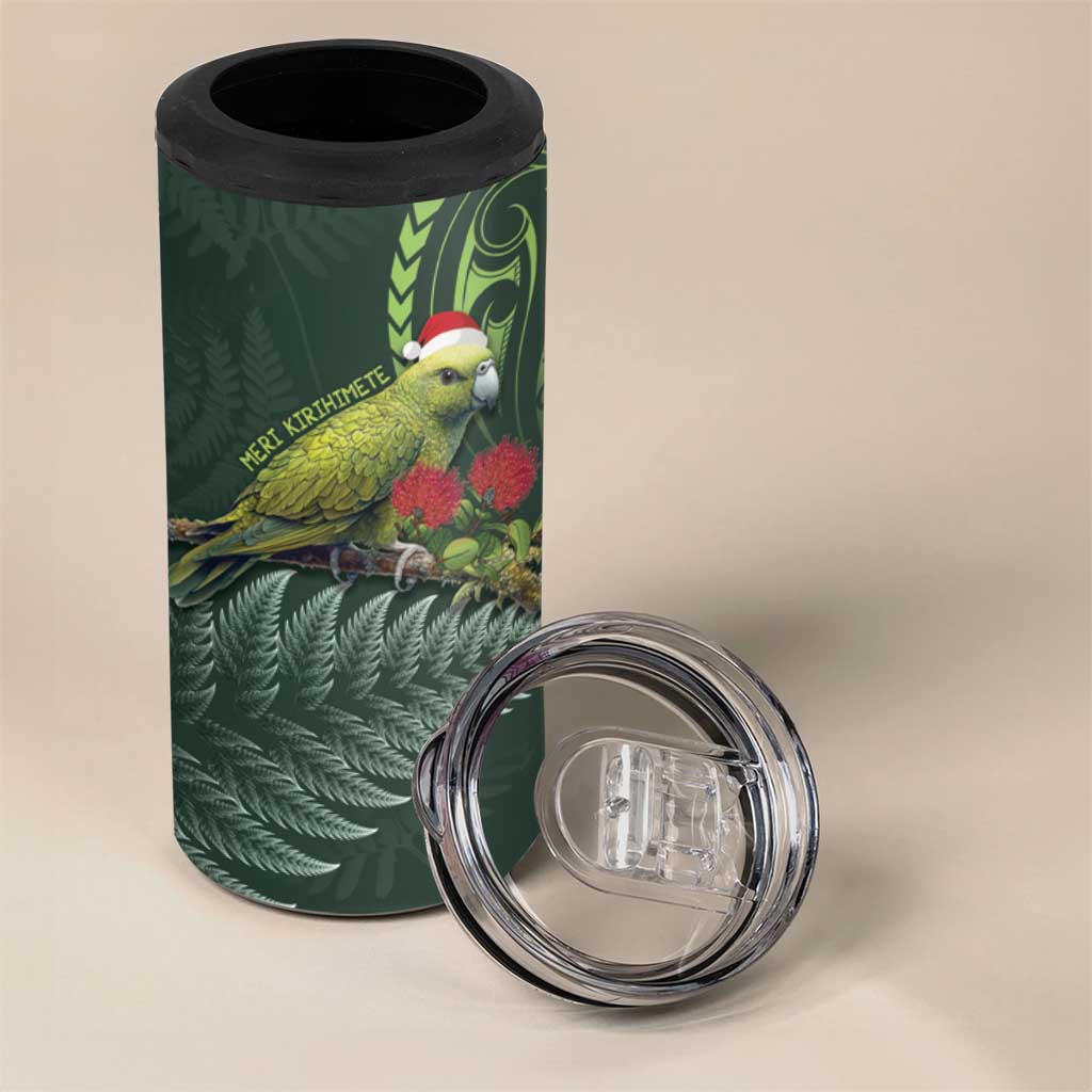 Meri Kirihimete Kakapo 4 in 1 Can Cooler Tumbler Green Silver Fern Christmas Vibe