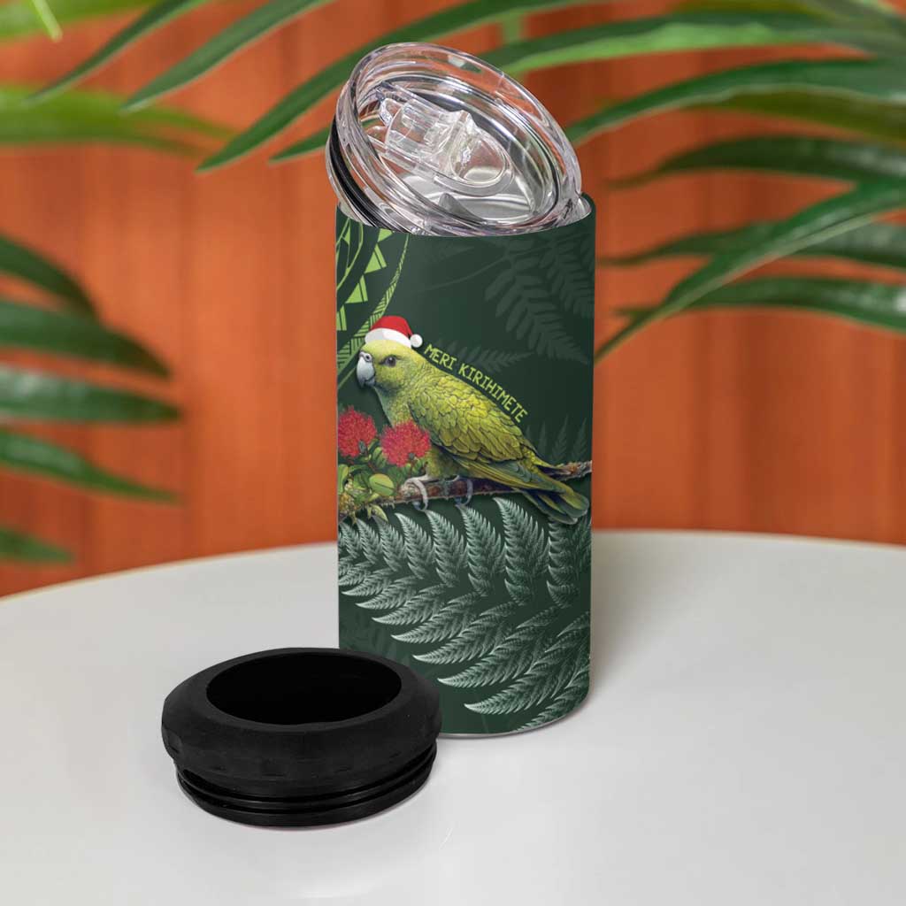 Meri Kirihimete Kakapo 4 in 1 Can Cooler Tumbler Green Silver Fern Christmas Vibe