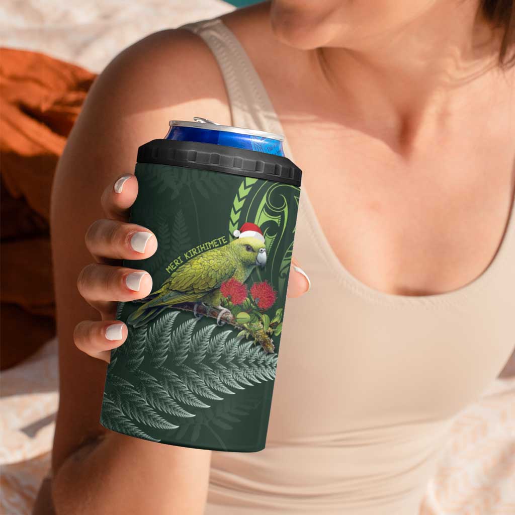 Meri Kirihimete Kakapo 4 in 1 Can Cooler Tumbler Green Silver Fern Christmas Vibe