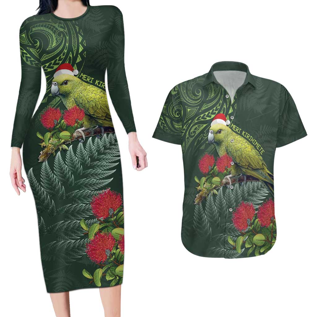 Meri Kirihimete Kakapo Couples Matching Long Sleeve Bodycon Dress and Hawaiian Shirt Green Silver Fern Christmas Vibe