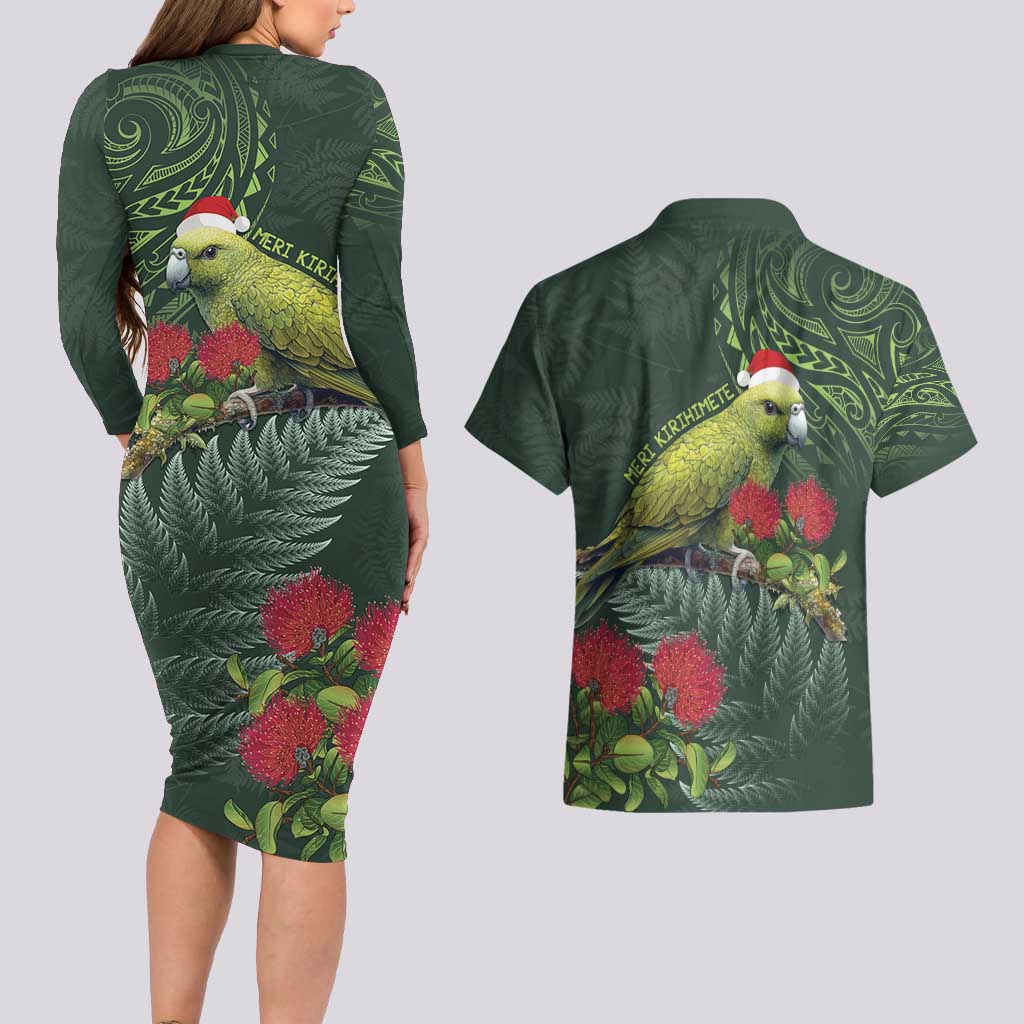 Meri Kirihimete Kakapo Couples Matching Long Sleeve Bodycon Dress and Hawaiian Shirt Green Silver Fern Christmas Vibe