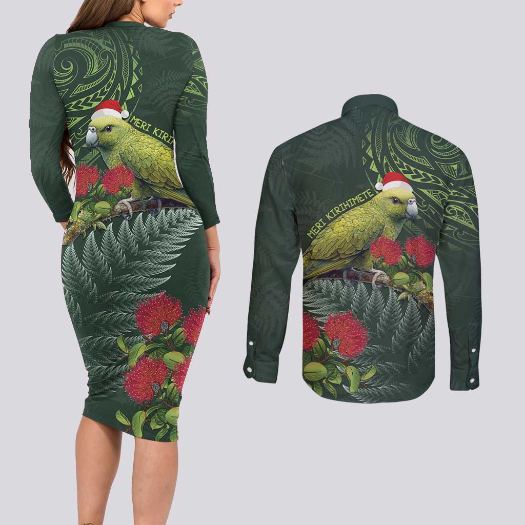 Meri Kirihimete Kakapo Couples Matching Long Sleeve Bodycon Dress and Long Sleeve Button Shirt Green Silver Fern Christmas Vibe