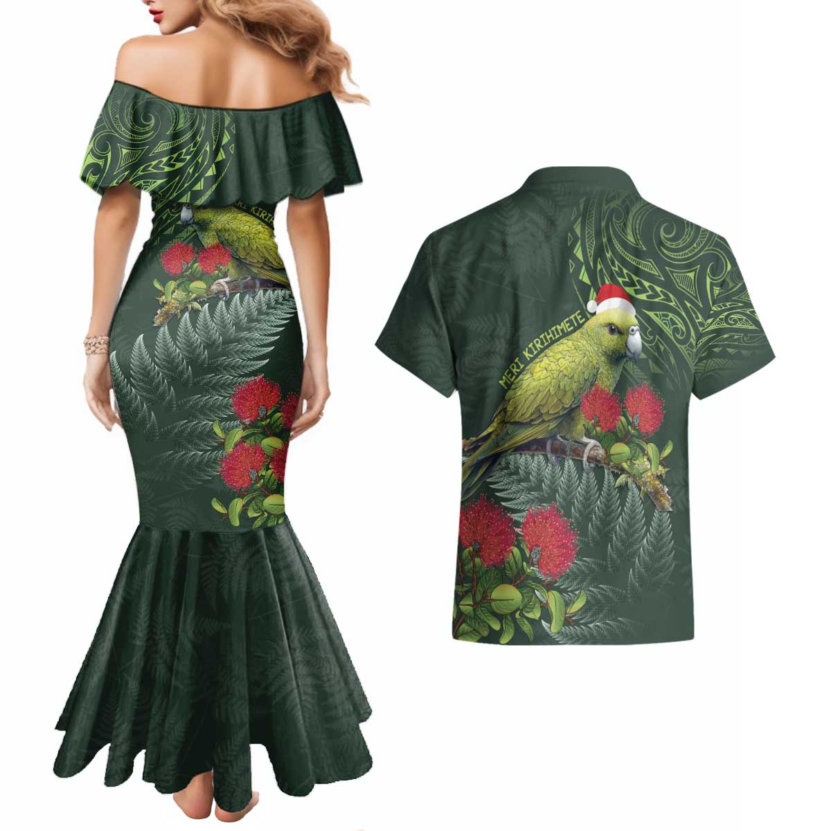 Meri Kirihimete Kakapo Couples Matching Mermaid Dress and Hawaiian Shirt Green Silver Fern Christmas Vibe