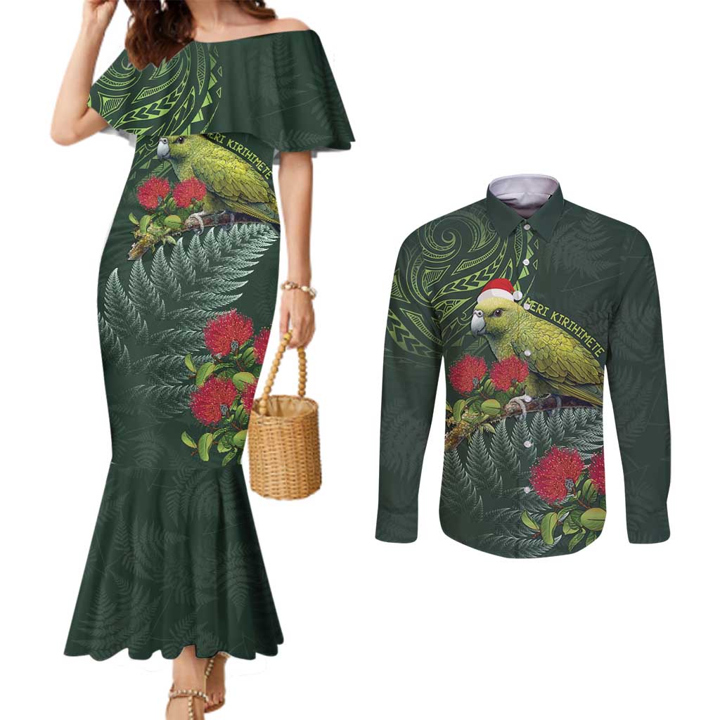 Meri Kirihimete Kakapo Couples Matching Mermaid Dress and Long Sleeve Button Shirt Green Silver Fern Christmas Vibe