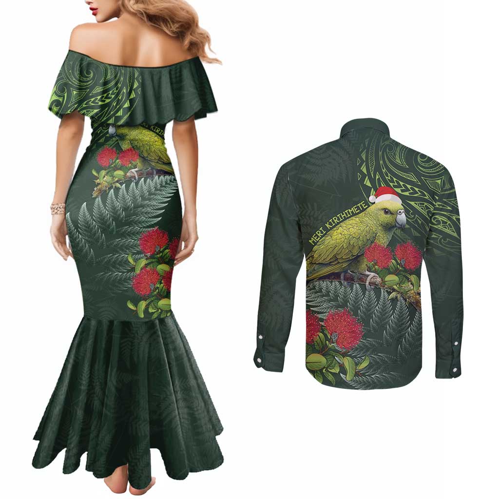 Meri Kirihimete Kakapo Couples Matching Mermaid Dress and Long Sleeve Button Shirt Green Silver Fern Christmas Vibe