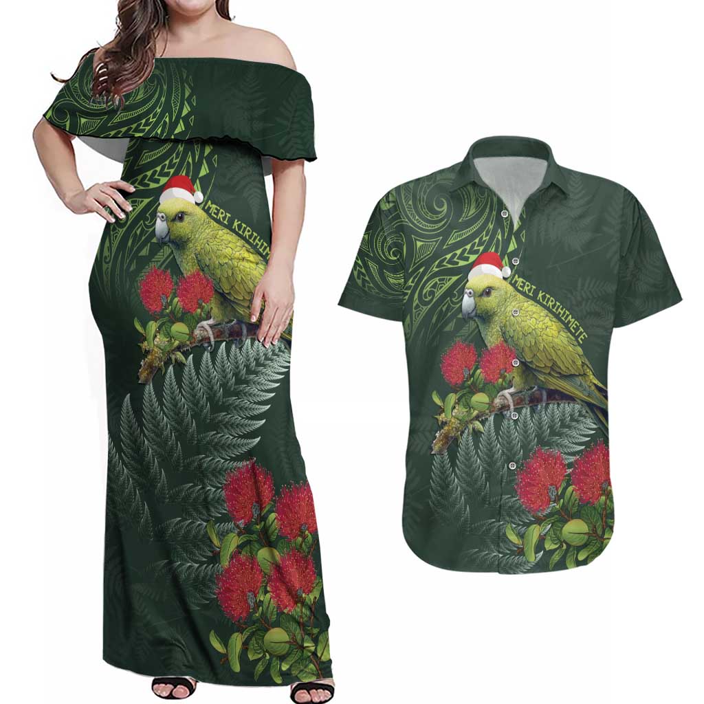 Meri Kirihimete Kakapo Couples Matching Off Shoulder Maxi Dress and Hawaiian Shirt Green Silver Fern Christmas Vibe