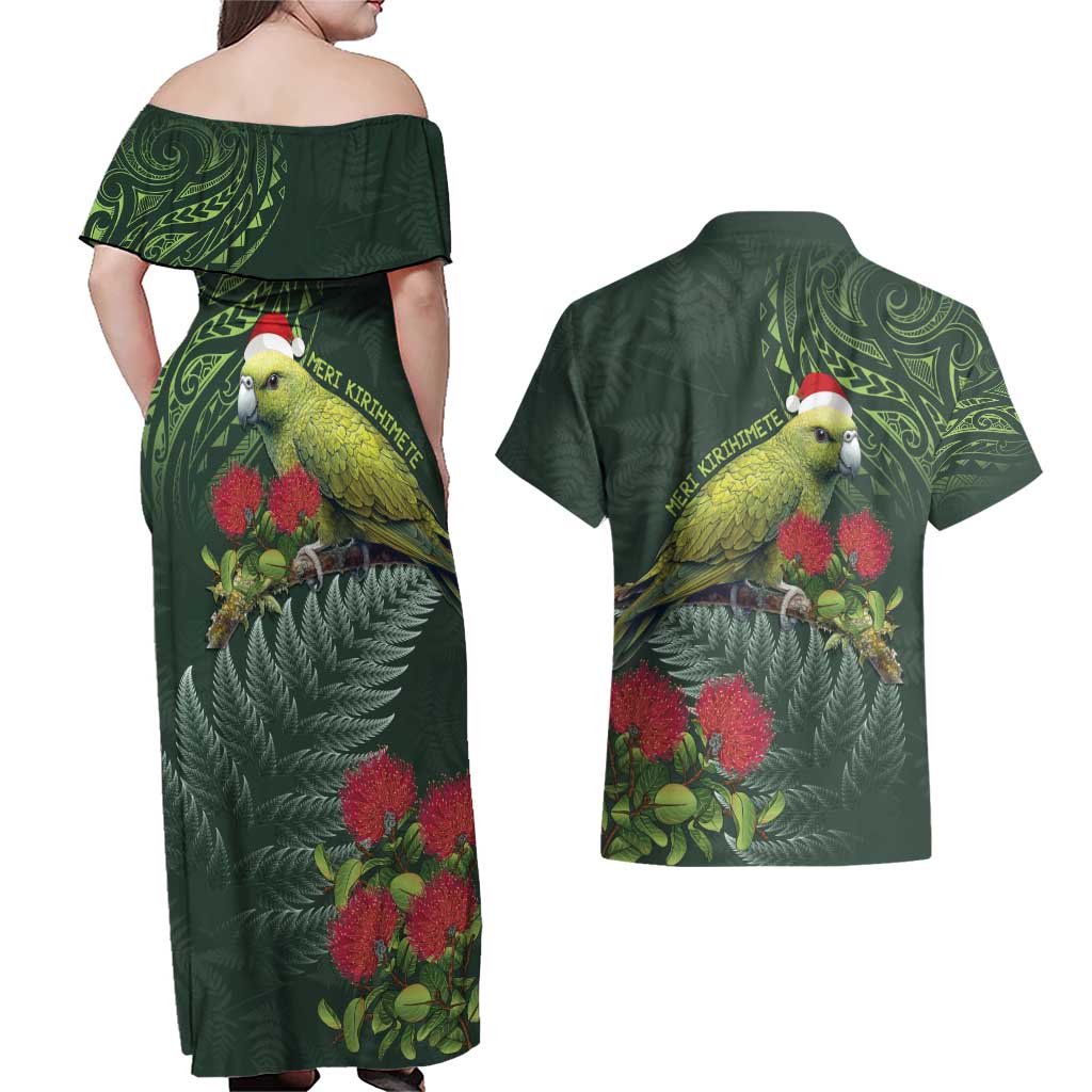 Meri Kirihimete Kakapo Couples Matching Off Shoulder Maxi Dress and Hawaiian Shirt Green Silver Fern Christmas Vibe