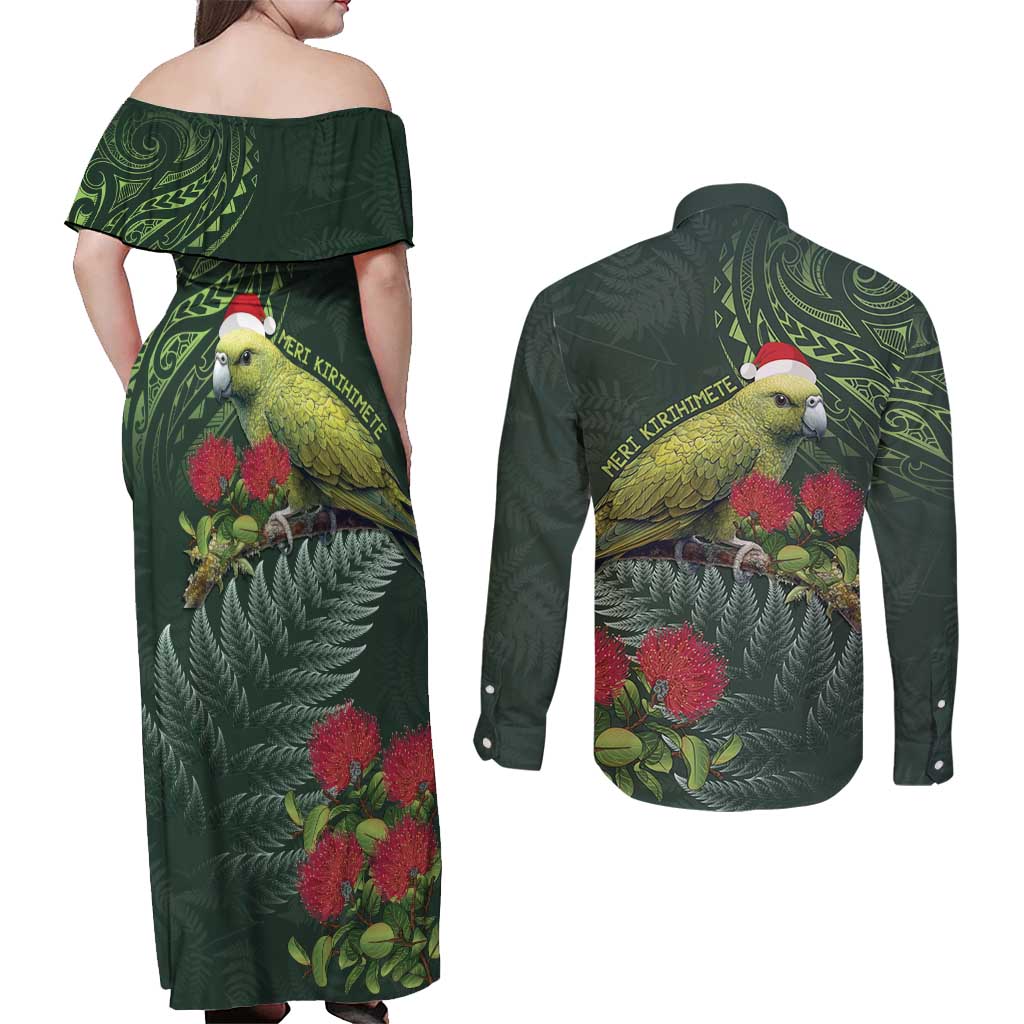 Meri Kirihimete Kakapo Couples Matching Off Shoulder Maxi Dress and Long Sleeve Button Shirt Green Silver Fern Christmas Vibe