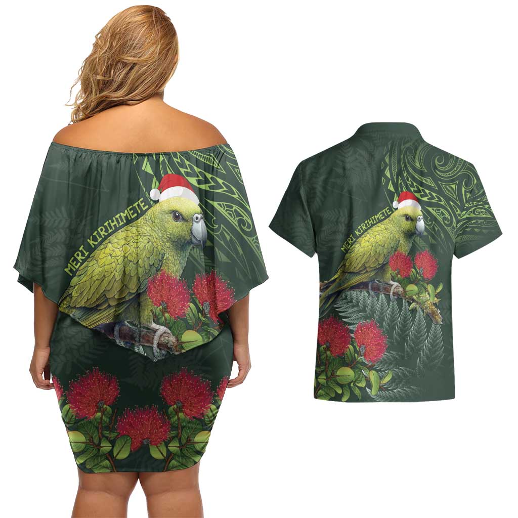 Meri Kirihimete Kakapo Couples Matching Off Shoulder Short Dress and Hawaiian Shirt Green Silver Fern Christmas Vibe