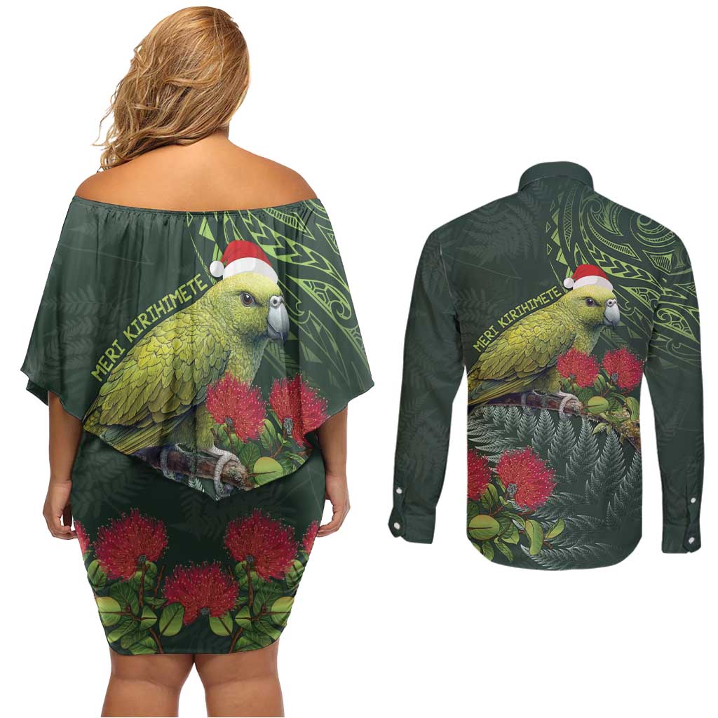 Meri Kirihimete Kakapo Couples Matching Off Shoulder Short Dress and Long Sleeve Button Shirt Green Silver Fern Christmas Vibe