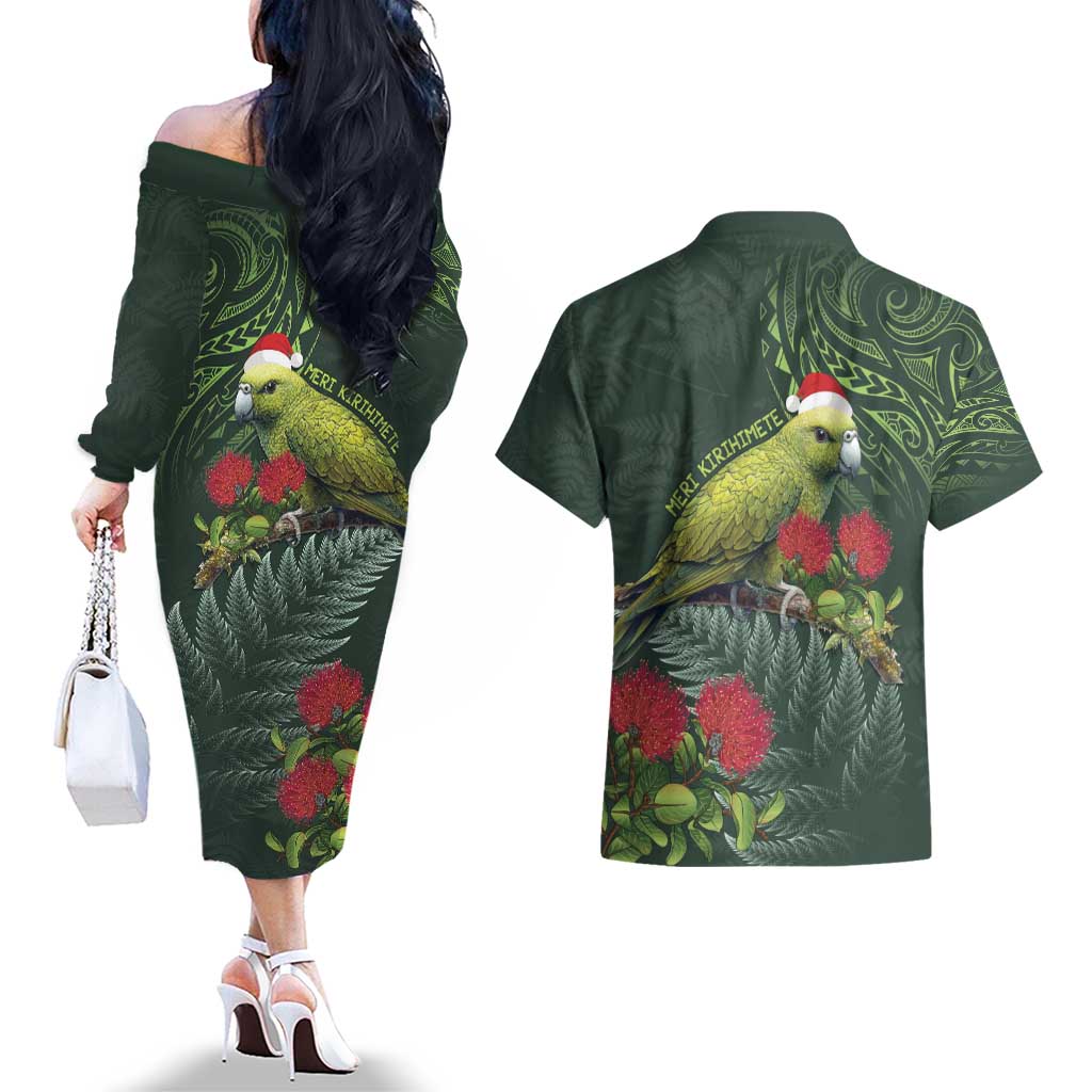 Meri Kirihimete Kakapo Couples Matching Off The Shoulder Long Sleeve Dress and Hawaiian Shirt Green Silver Fern Christmas Vibe