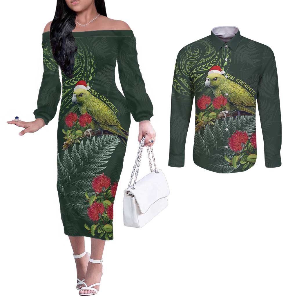 Meri Kirihimete Kakapo Couples Matching Off The Shoulder Long Sleeve Dress and Long Sleeve Button Shirt Green Silver Fern Christmas Vibe