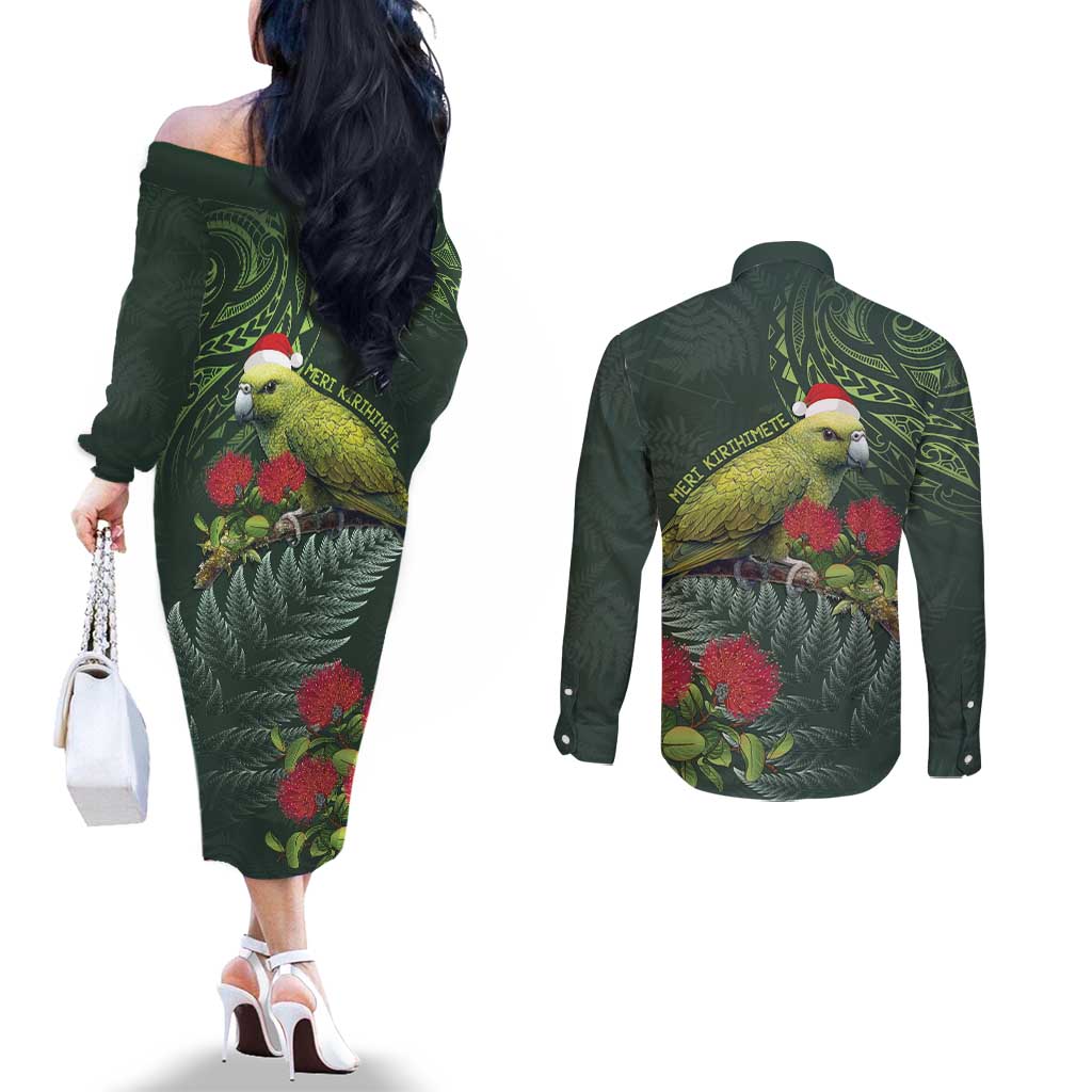 Meri Kirihimete Kakapo Couples Matching Off The Shoulder Long Sleeve Dress and Long Sleeve Button Shirt Green Silver Fern Christmas Vibe