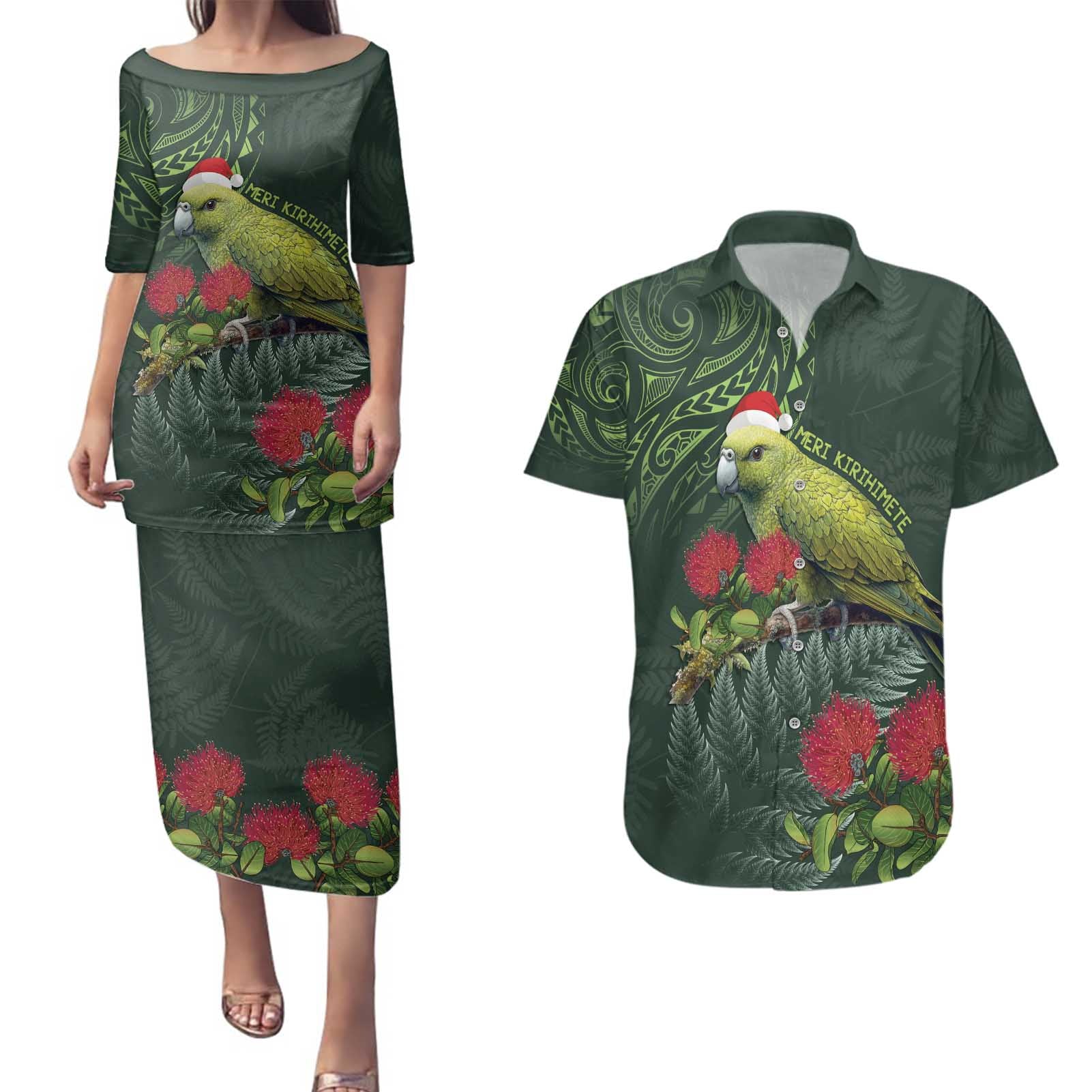 Meri Kirihimete Kakapo Couples Matching Puletasi and Hawaiian Shirt Green Silver Fern Christmas Vibe