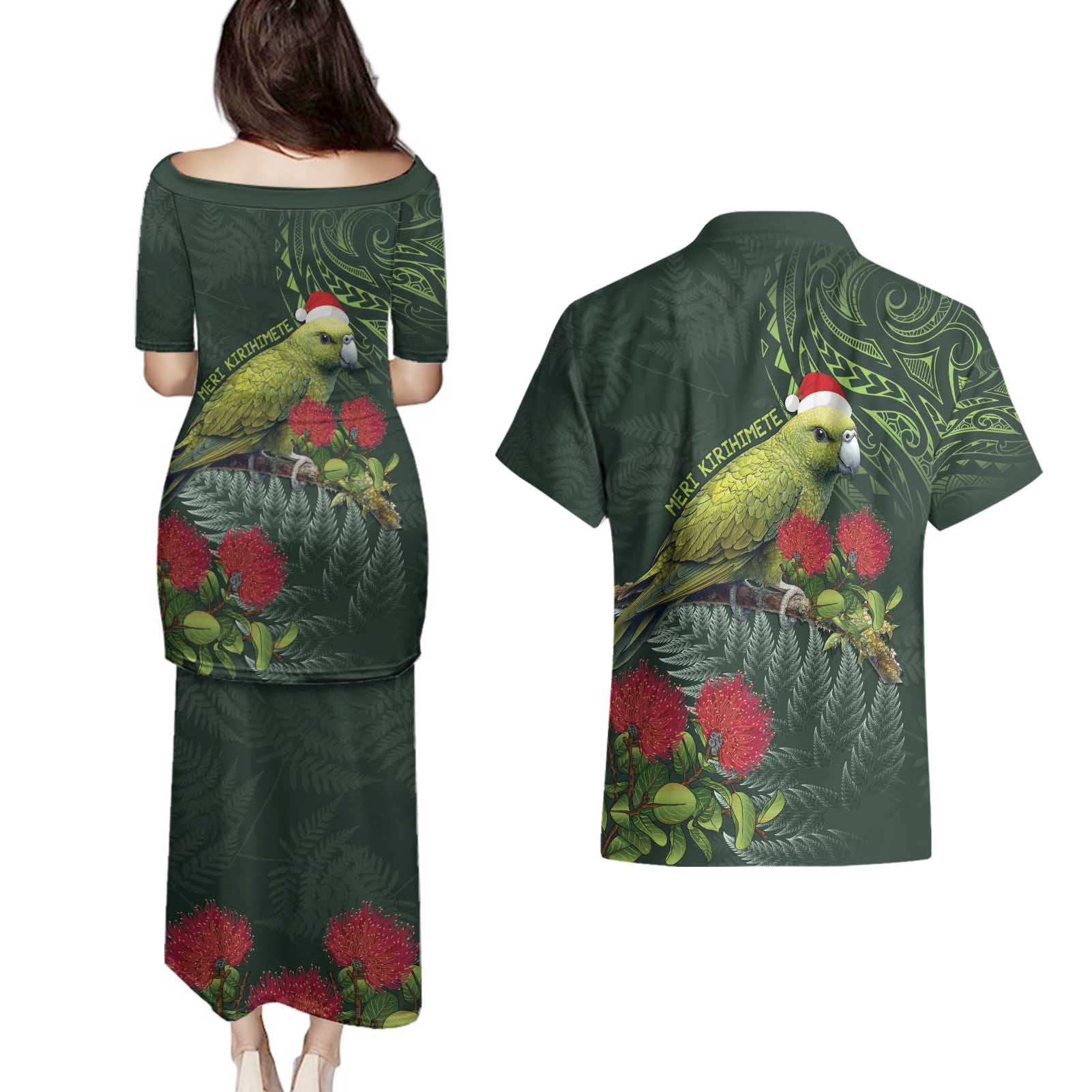 Meri Kirihimete Kakapo Couples Matching Puletasi and Hawaiian Shirt Green Silver Fern Christmas Vibe