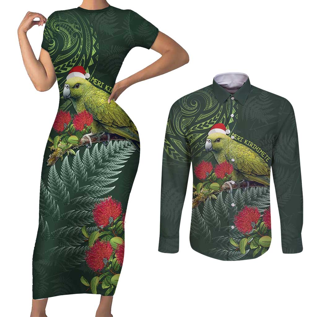 Meri Kirihimete Kakapo Couples Matching Short Sleeve Bodycon Dress and Long Sleeve Button Shirt Green Silver Fern Christmas Vibe