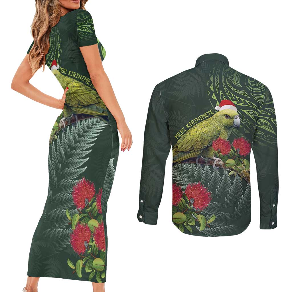 Meri Kirihimete Kakapo Couples Matching Short Sleeve Bodycon Dress and Long Sleeve Button Shirt Green Silver Fern Christmas Vibe