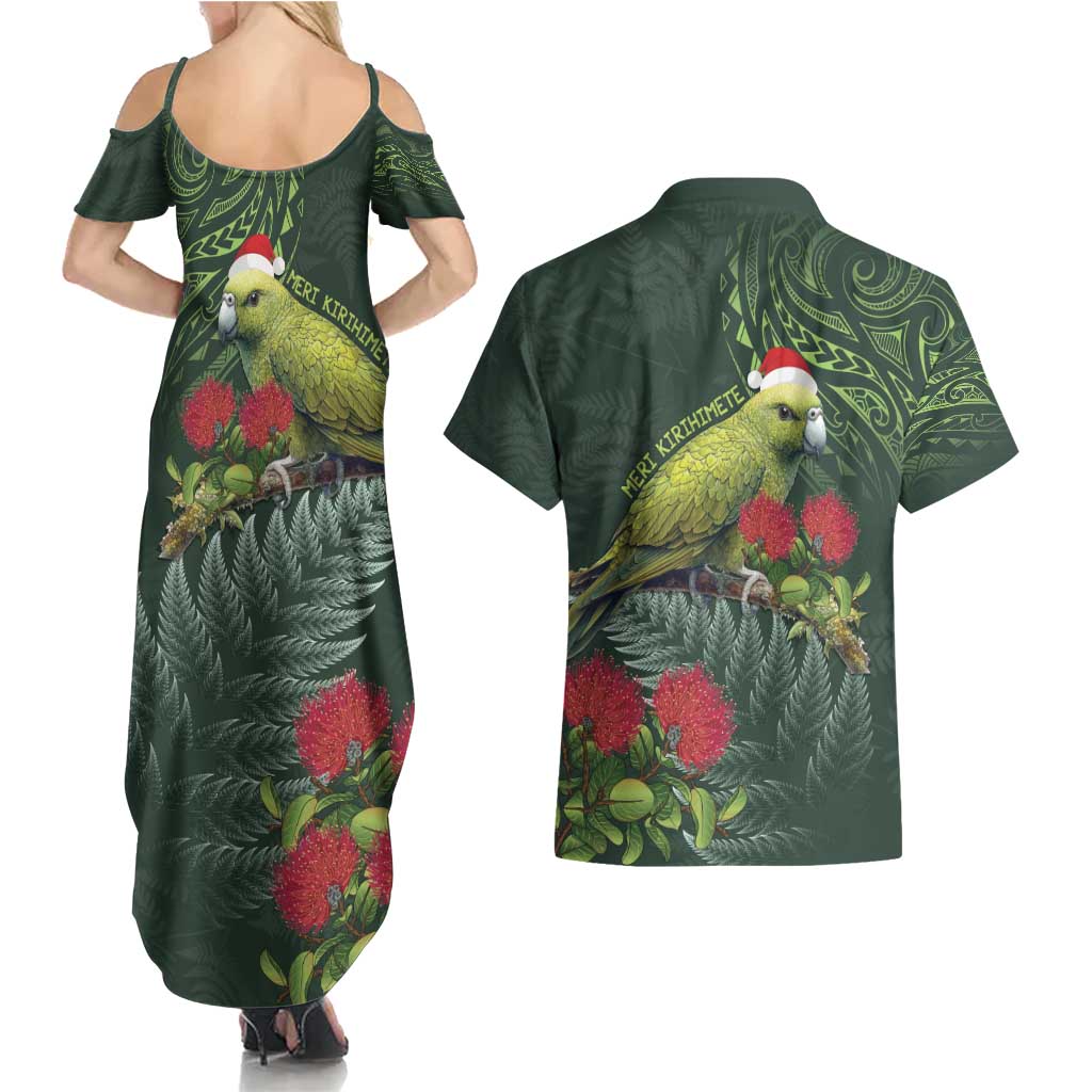 Meri Kirihimete Kakapo Couples Matching Summer Maxi Dress and Hawaiian Shirt Green Silver Fern Christmas Vibe