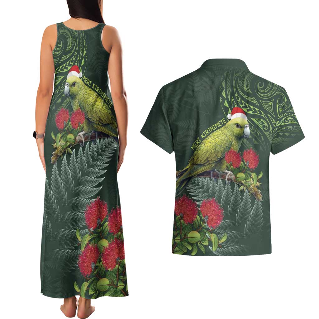 Meri Kirihimete Kakapo Couples Matching Tank Maxi Dress and Hawaiian Shirt Green Silver Fern Christmas Vibe