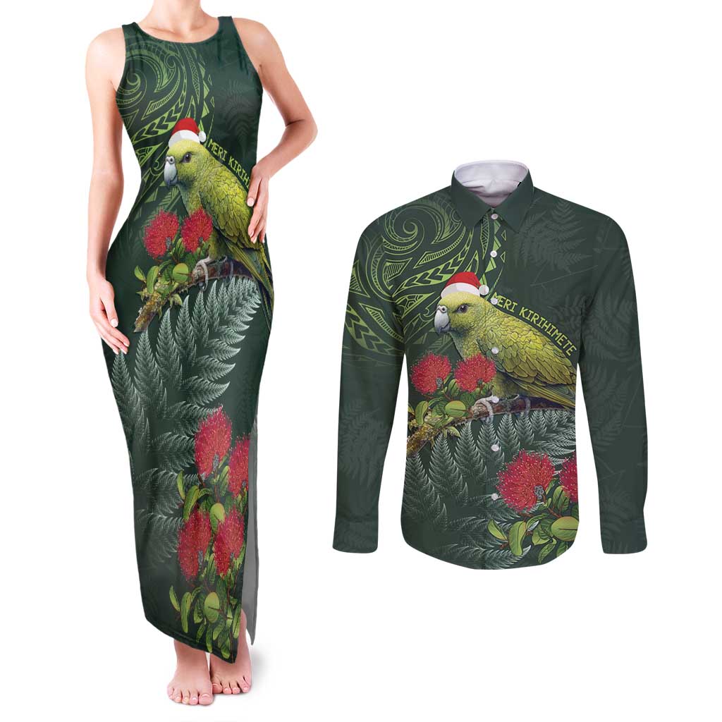 Meri Kirihimete Kakapo Couples Matching Tank Maxi Dress and Long Sleeve Button Shirt Green Silver Fern Christmas Vibe