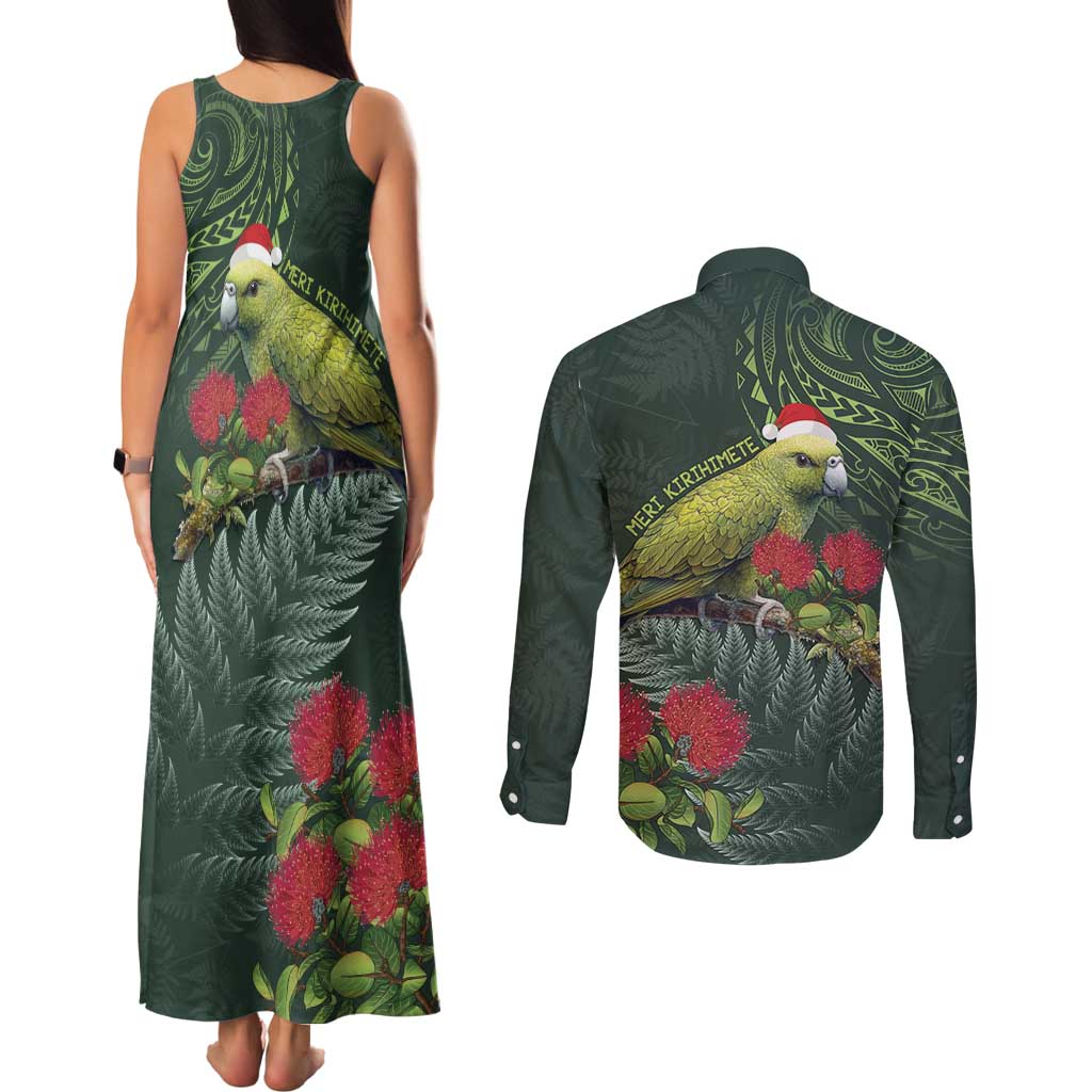 Meri Kirihimete Kakapo Couples Matching Tank Maxi Dress and Long Sleeve Button Shirt Green Silver Fern Christmas Vibe