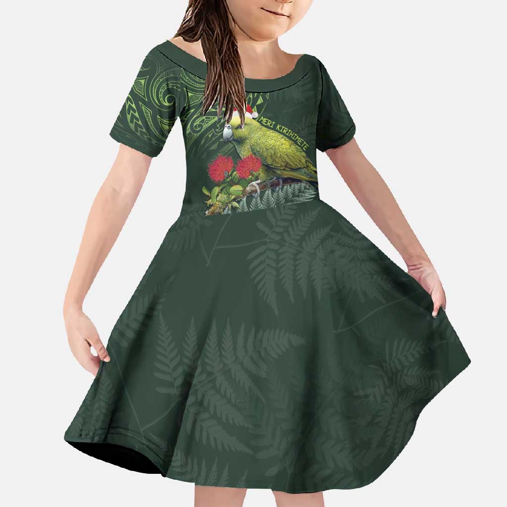 Meri Kirihimete Kakapo Family Matching Long Sleeve Bodycon Dress and Hawaiian Shirt Green Silver Fern Christmas Vibe