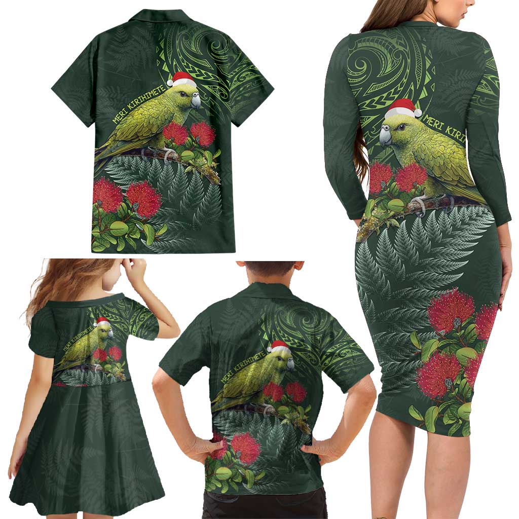 Meri Kirihimete Kakapo Family Matching Long Sleeve Bodycon Dress and Hawaiian Shirt Green Silver Fern Christmas Vibe