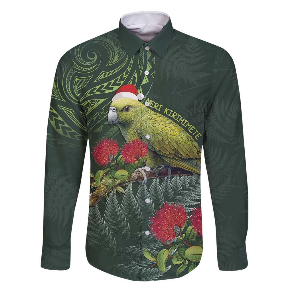 Meri Kirihimete Kakapo Family Matching Long Sleeve Bodycon Dress and Hawaiian Shirt Green Silver Fern Christmas Vibe