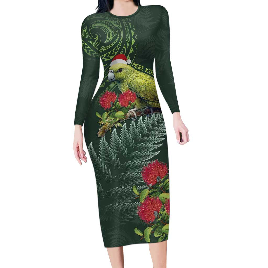 Meri Kirihimete Kakapo Family Matching Long Sleeve Bodycon Dress and Hawaiian Shirt Green Silver Fern Christmas Vibe