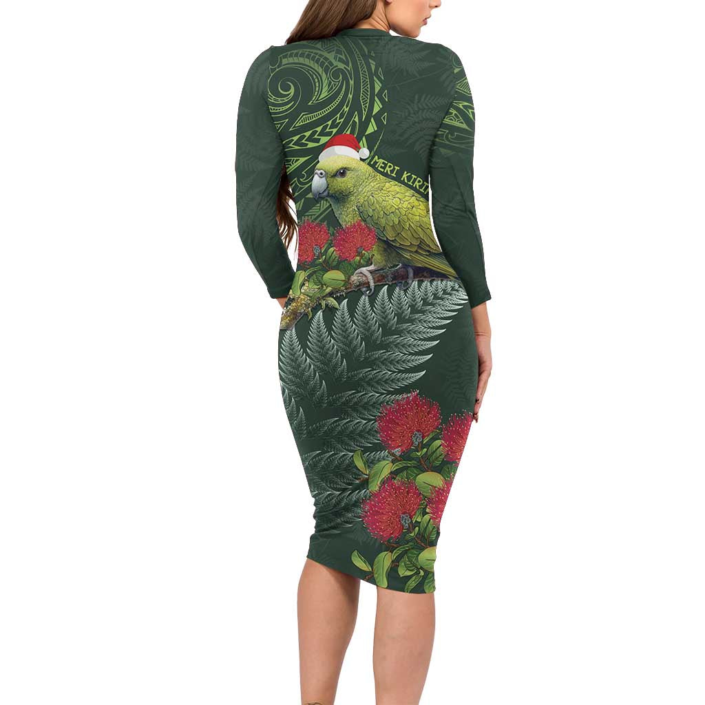 Meri Kirihimete Kakapo Family Matching Long Sleeve Bodycon Dress and Hawaiian Shirt Green Silver Fern Christmas Vibe