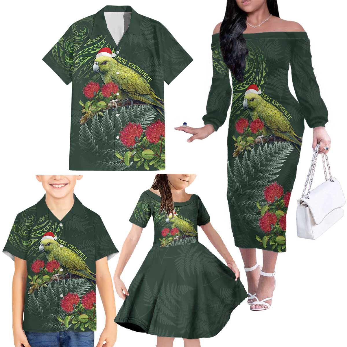 Meri Kirihimete Kakapo Family Matching Off The Shoulder Long Sleeve Dress and Hawaiian Shirt Green Silver Fern Christmas Vibe