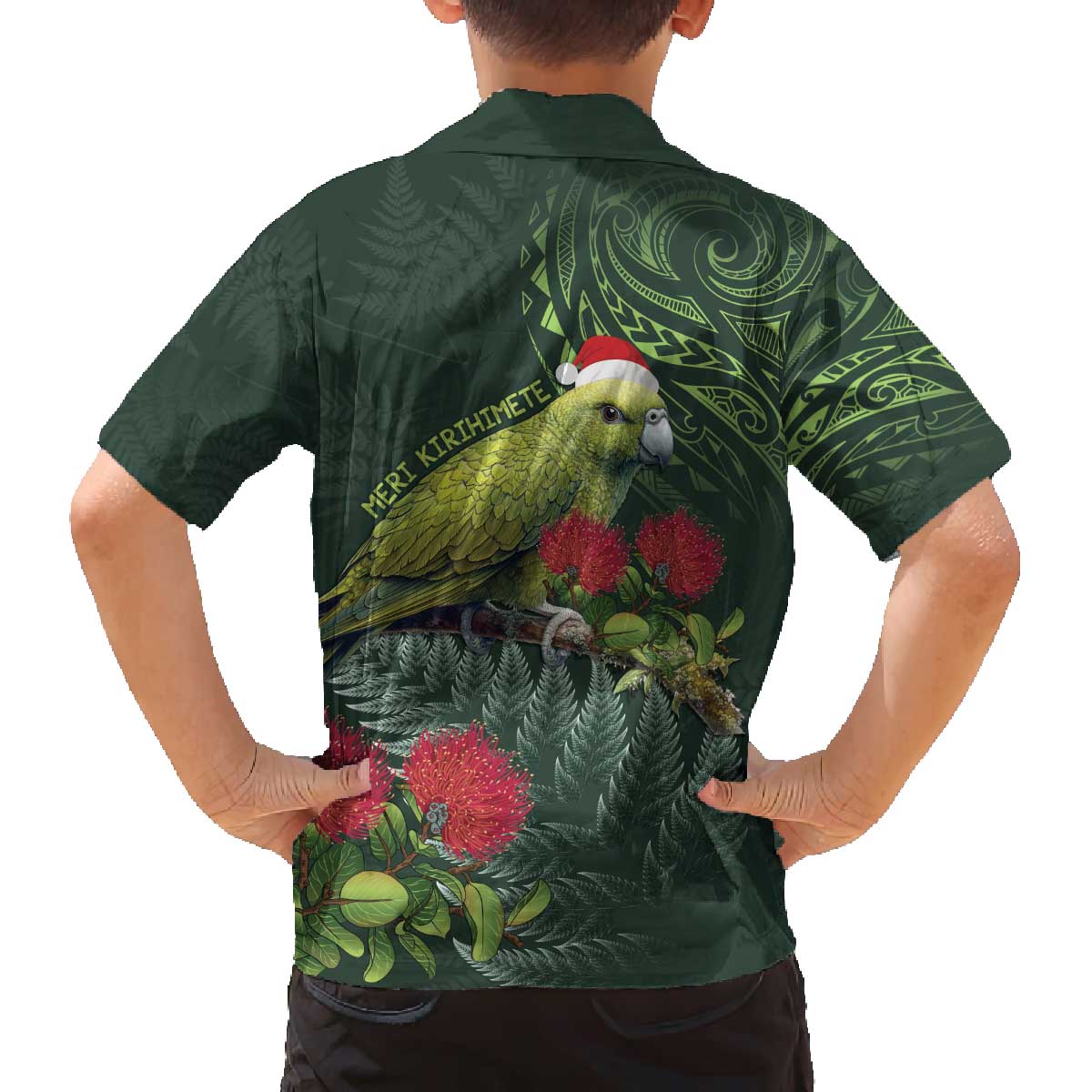 Meri Kirihimete Kakapo Family Matching Off The Shoulder Long Sleeve Dress and Hawaiian Shirt Green Silver Fern Christmas Vibe