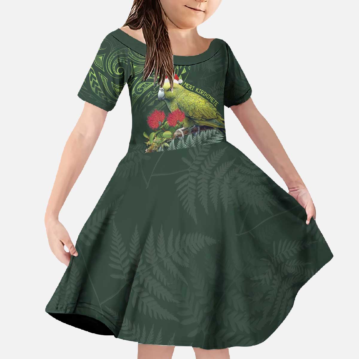 Meri Kirihimete Kakapo Family Matching Off The Shoulder Long Sleeve Dress and Hawaiian Shirt Green Silver Fern Christmas Vibe