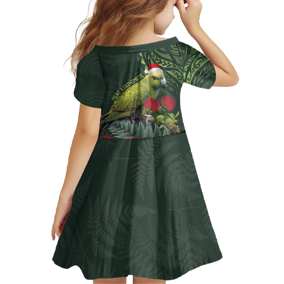 Meri Kirihimete Kakapo Family Matching Off The Shoulder Long Sleeve Dress and Hawaiian Shirt Green Silver Fern Christmas Vibe