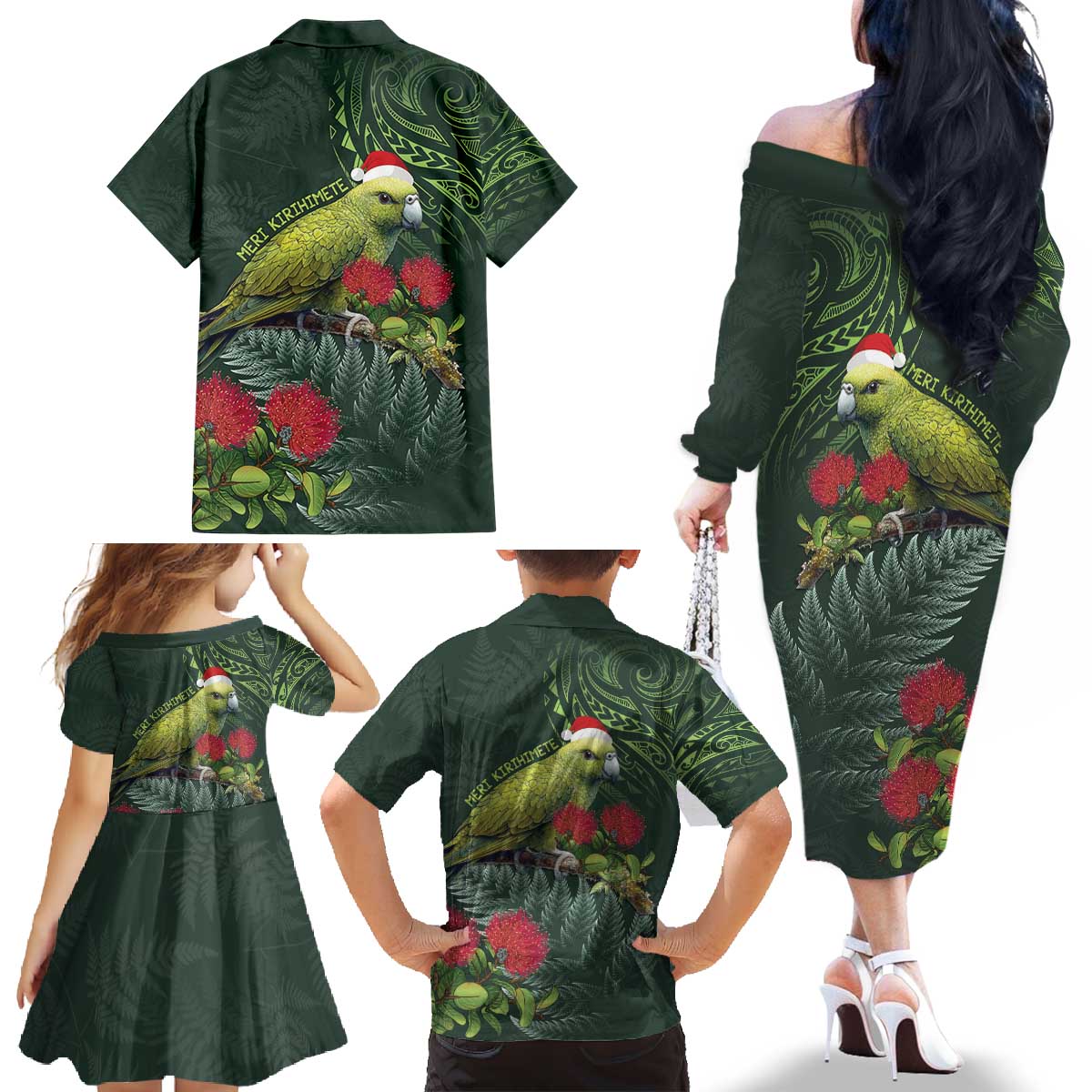 Meri Kirihimete Kakapo Family Matching Off The Shoulder Long Sleeve Dress and Hawaiian Shirt Green Silver Fern Christmas Vibe