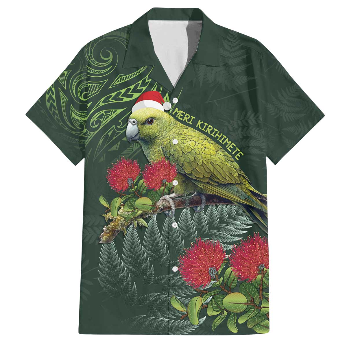 Meri Kirihimete Kakapo Family Matching Off The Shoulder Long Sleeve Dress and Hawaiian Shirt Green Silver Fern Christmas Vibe