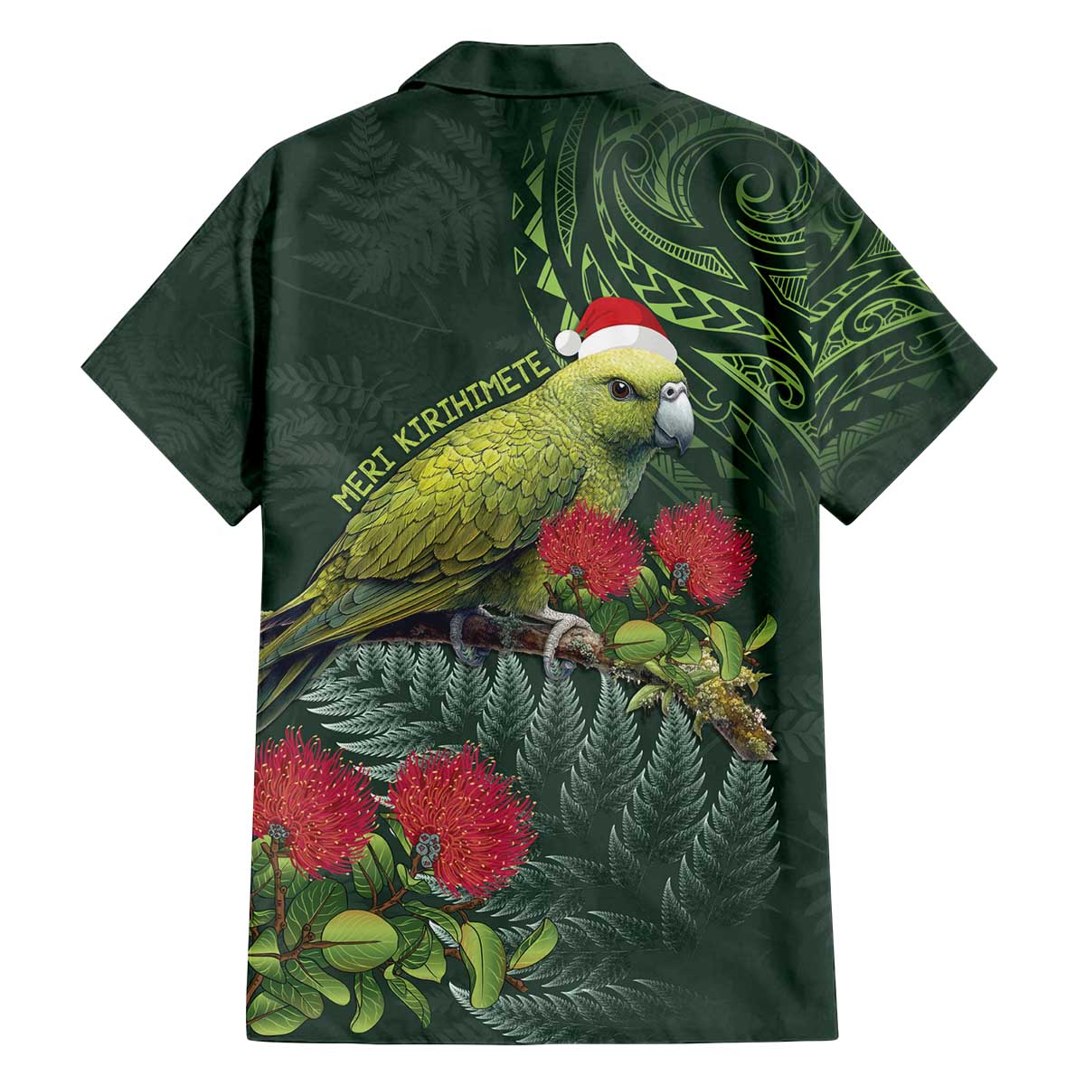 Meri Kirihimete Kakapo Family Matching Off The Shoulder Long Sleeve Dress and Hawaiian Shirt Green Silver Fern Christmas Vibe