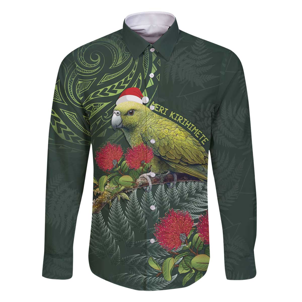 Meri Kirihimete Kakapo Family Matching Off The Shoulder Long Sleeve Dress and Hawaiian Shirt Green Silver Fern Christmas Vibe