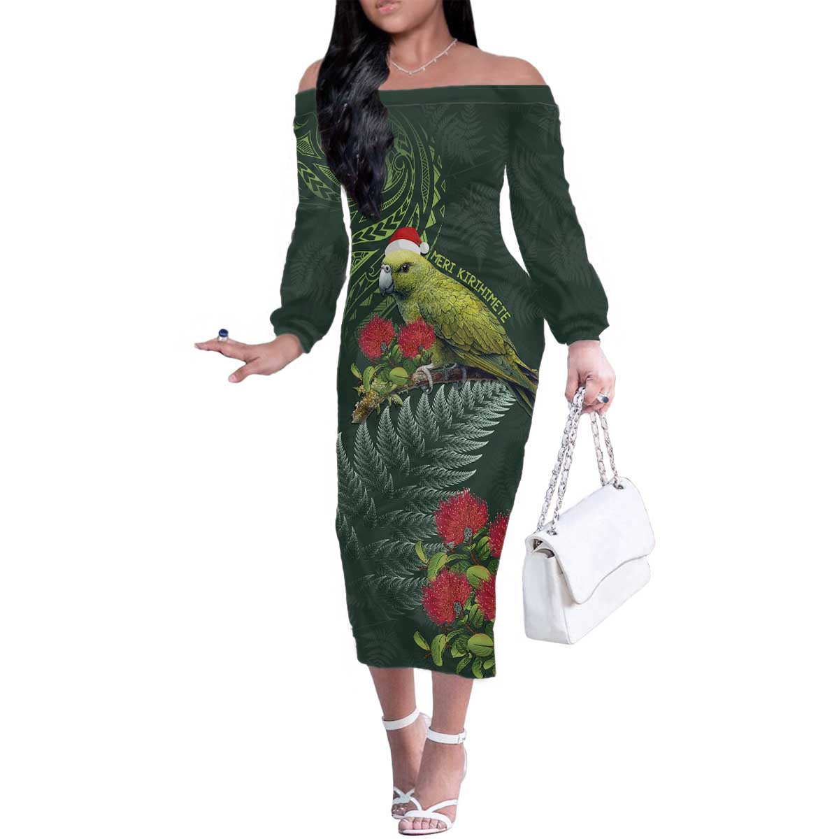 Meri Kirihimete Kakapo Family Matching Off The Shoulder Long Sleeve Dress and Hawaiian Shirt Green Silver Fern Christmas Vibe