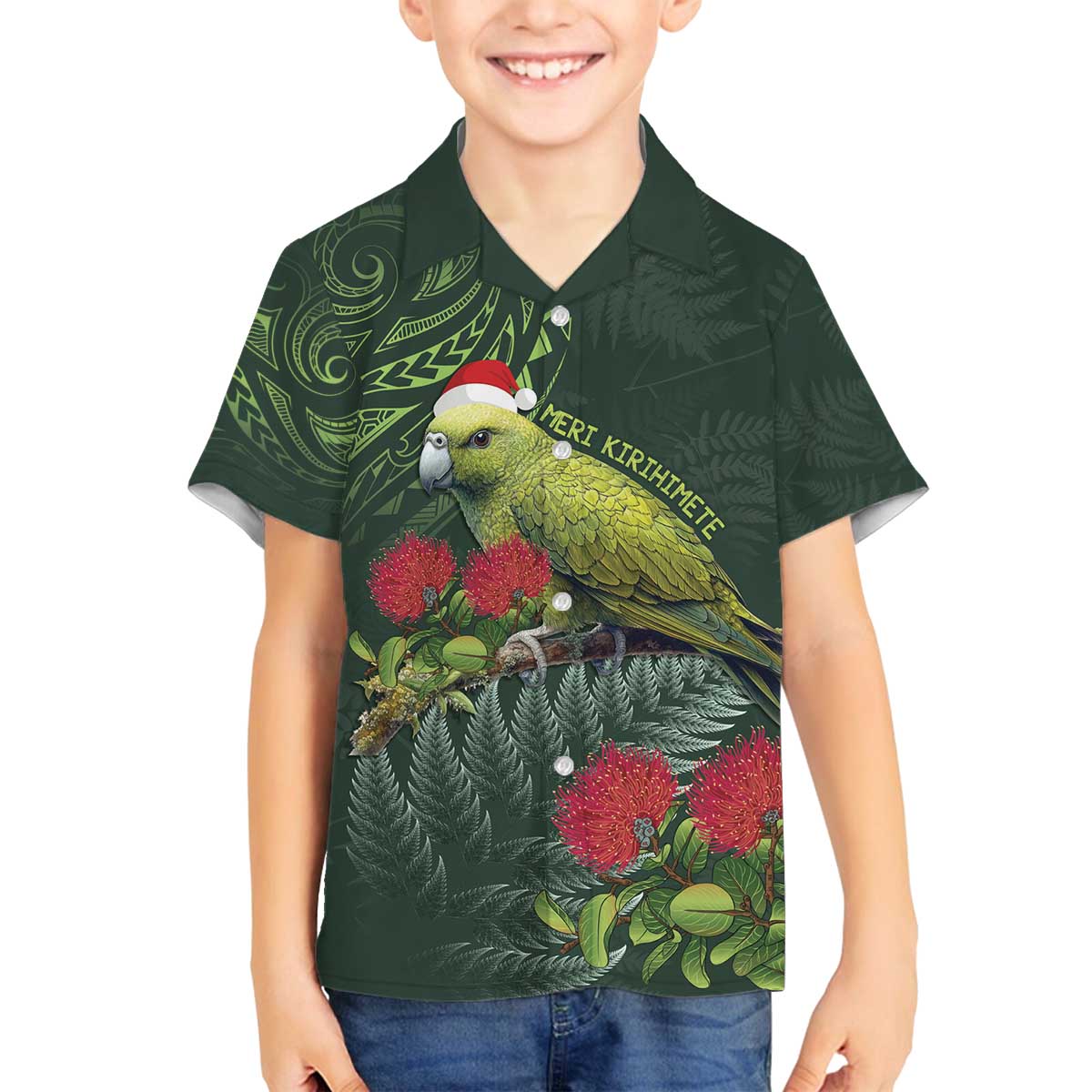 Meri Kirihimete Kakapo Family Matching Off The Shoulder Long Sleeve Dress and Hawaiian Shirt Green Silver Fern Christmas Vibe