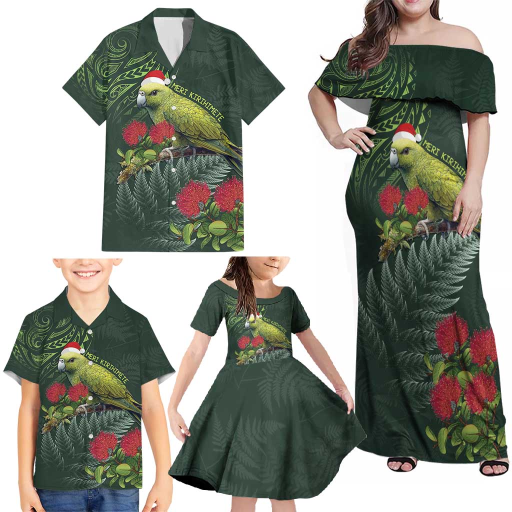 Meri Kirihimete Kakapo Family Matching Off Shoulder Maxi Dress and Hawaiian Shirt Green Silver Fern Christmas Vibe