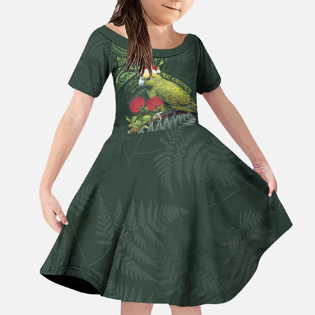 Meri Kirihimete Kakapo Family Matching Off Shoulder Maxi Dress and Hawaiian Shirt Green Silver Fern Christmas Vibe