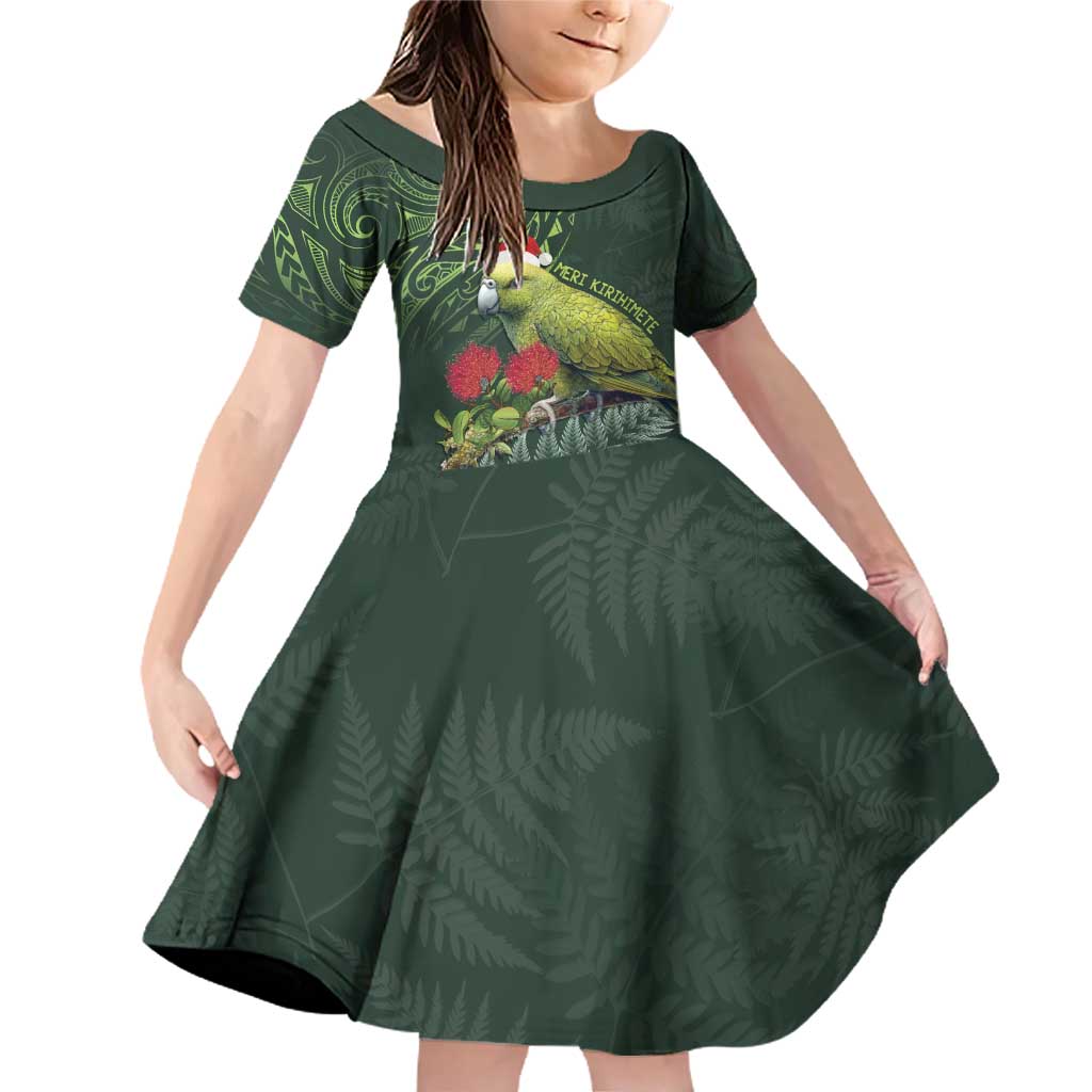 Meri Kirihimete Kakapo Family Matching Off Shoulder Short Dress and Hawaiian Shirt Green Silver Fern Christmas Vibe